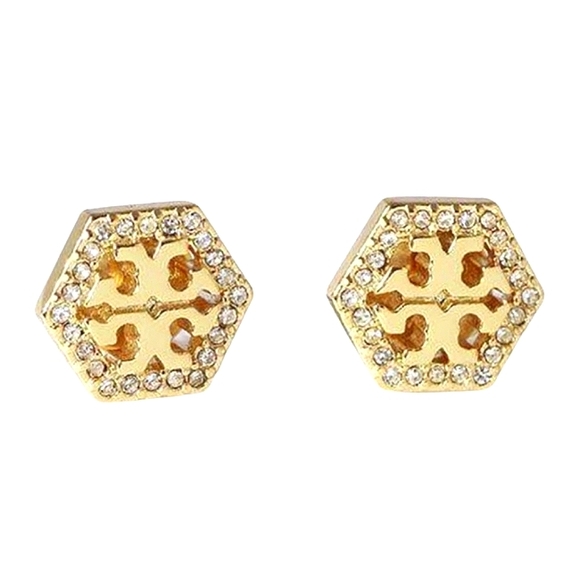 New Tory Burch Hex Pavรฉ Stud Earrings in Gold - Picture 2 of 5